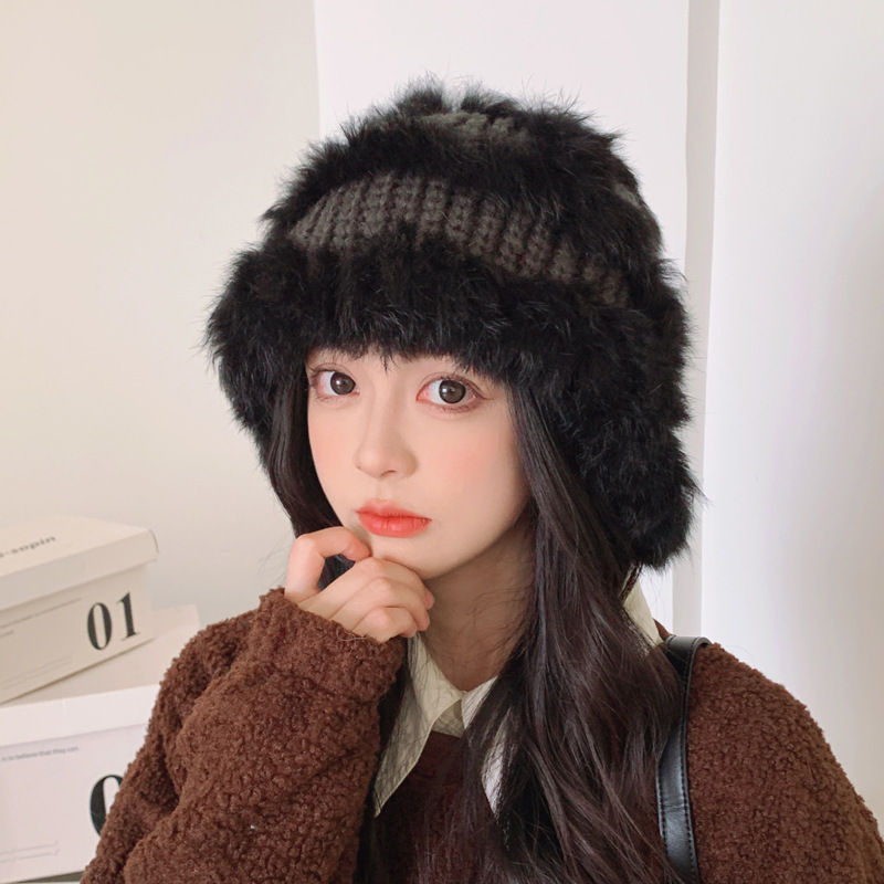 秋冬新款伪兔毛渔夫帽女款毛线帽大帽檐显脸小保暖加厚护耳醒狮帽|undefined