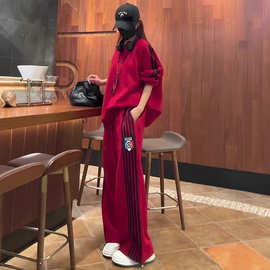 潮流甜酷运动休闲套装女秋冬装新款设计感红色简约保暖卫衣两件套