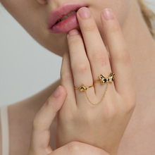 欧美INS优雅精致镀18K金不锈钢爱心蝴蝶结链条连指开口戒指套装女