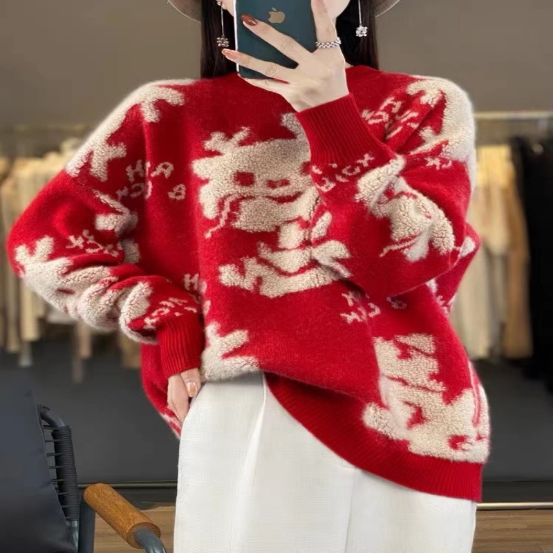 Year Of The Zodiac100%Wool Sweater Uniform Round Neck Knitted Year Of The Dragon Year Red Sweater For Men And Women Loose Wool Bottoming Shirt
