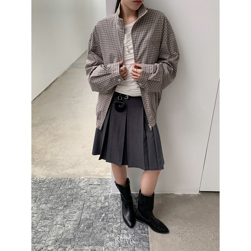 Yienou Inbyin Street Style Ouni Plaid Casual Jacket for Women, Spring Mid-Length Loose Long-Sleeve Stand-Collar Jacket