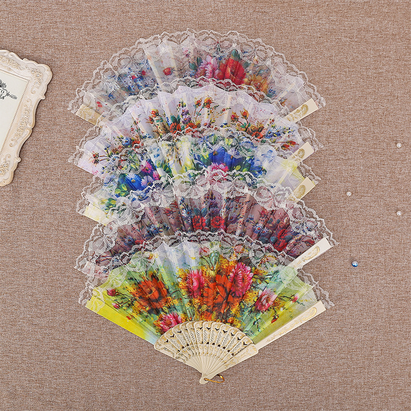 Abanico de Encaje Blanco y Negro Español con Estampado Dorado, Abanico Plegable Artesanal, Estilo Chino de Verano, Fotografía de Danza, Venta al por Mayor