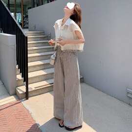胖特大码300斤两件套装女短袖衬衫条纹阔腿裤子气质时尚松弛感2