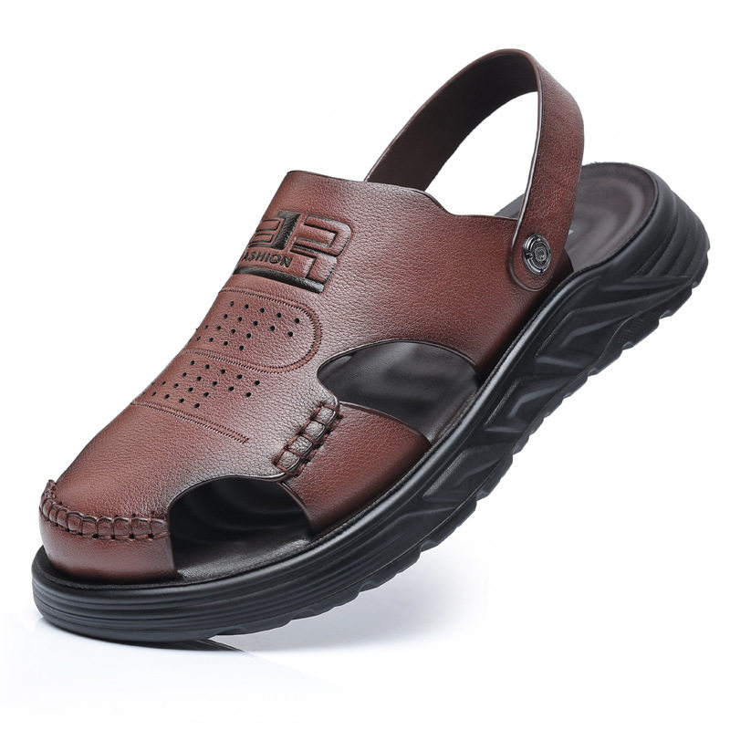 Dép sandal nam bít mũi da bò lớp đầu đế dày thoáng khí gót 3 cm — Màu nâu, Màu đen