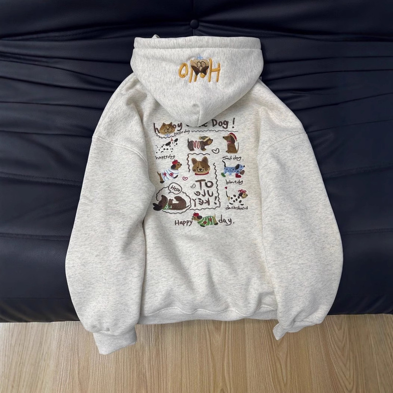 Heavy Embroidered Cartoon Puppy Sweatshirt Women's fleece-lined Thickened Trendy Ins Spring and Autumn New American Style Loose Hooded Jacket