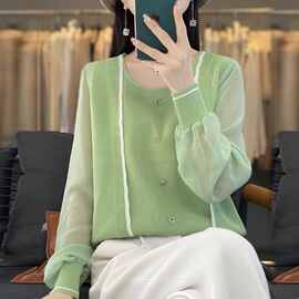 实拍！现货！有大图！2026秋冬雪纺拼接长袖洋气针织衫女圆领上衣