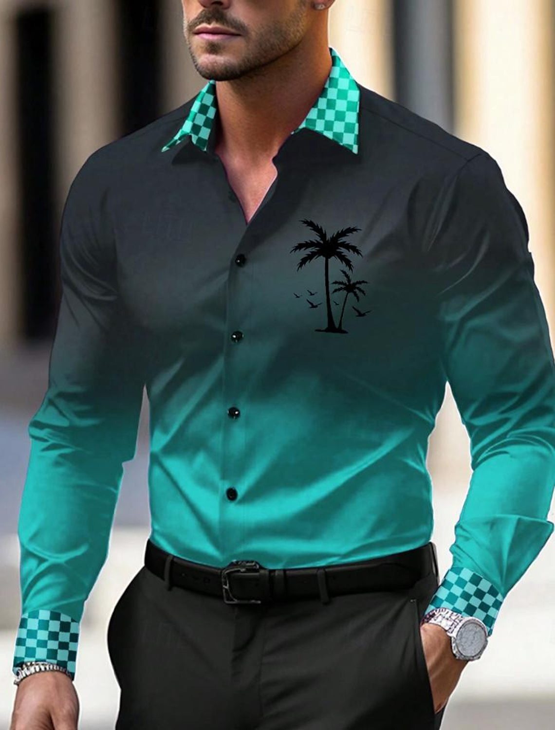 2024 nuevo estilo Amazon transfronterizo europeo y americano casual salvaje moda geométrica camisa de manga larga para hombres MB12