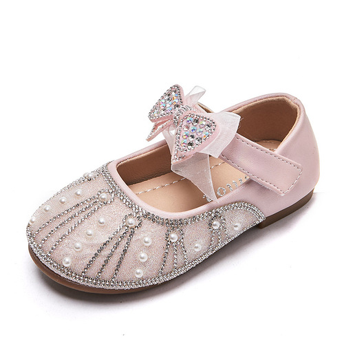 Girls' Sparkling Rhinestone Performance Shoes 2024 Spring New Children's Mesh Bow Rhinestone Single Shoes Princess Shoes