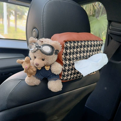 Car multi-function hanging trend pilot cool paper set tissue box bag car front and rear car supplies (Car tissue box/set) - cute-bear-carton-style-1