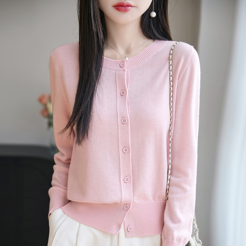 2025 Spring and Summer New Worsted Wool Round Neck Knitted Cardigan Long-Sleeved Pure Color Loose Versatile Top Jacket for Women