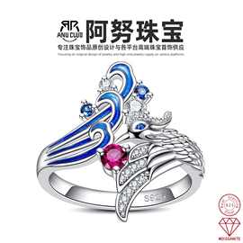跨境新品S925纯银精卫填海复古个性戒指镶钻时尚小众国风珠宝手饰