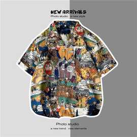 2021夏季美式西海岸衬衫男日潮嘻哈创意印花青年短袖潮tee