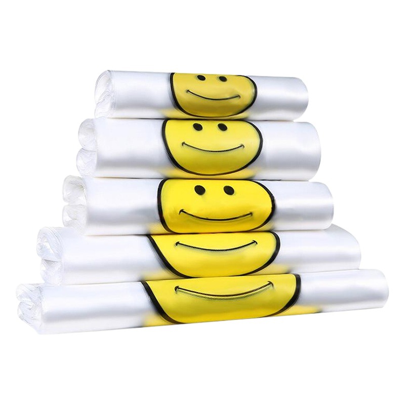 Bolsa de Plástico Gruesa con Diseño de Cara Sonriente, Estilo Chaleco, Biodegradable, Apta para Compras en Supermercados, Alimentos, Frutas, Conveniente para Llevar y Empacar, Venta al por Mayor.