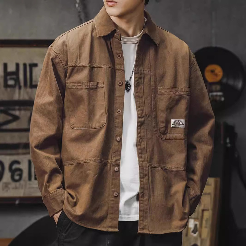Men's Tooling Shirt Spring and Autumn Cotton Long Sleeve Top Soft Washed Fabric Vintage Tooling Style Shirt