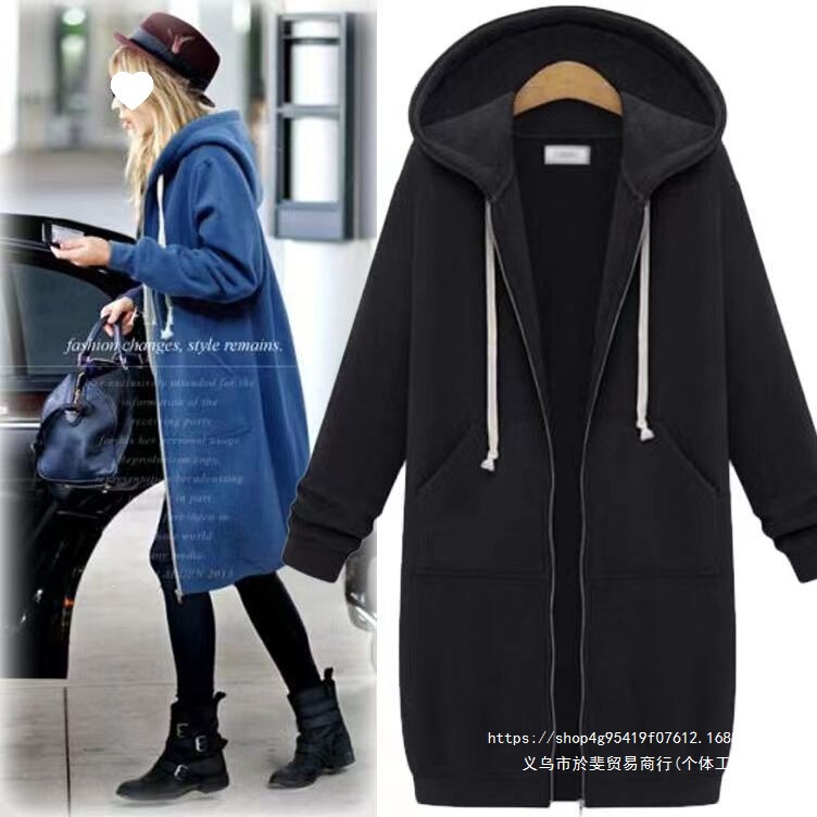 Autumn and winter over-the-knee long hooded sweatshirt 100kg plus-size women's fleece-lined sweatshirt jacket with zipper