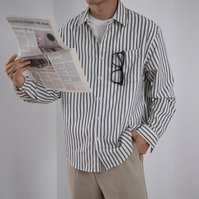 Japanese-Style Classic Striped Pocket Shirt for Men, Loose Casual Cotton Long-Sleeve Shirt for Spring and Autumn Japanese-Style Classic Striped Pocket Shirt for Men, Loose Casual Cotton Long-Sleeve Shirt for Spring and Autumn