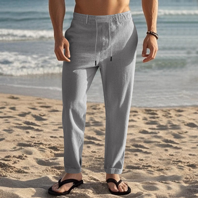 2025 Amazon Cross-Border New American Drawstring Men's Simple Fashion Solid Color Casual Cotton Linen Straight Pants Men
