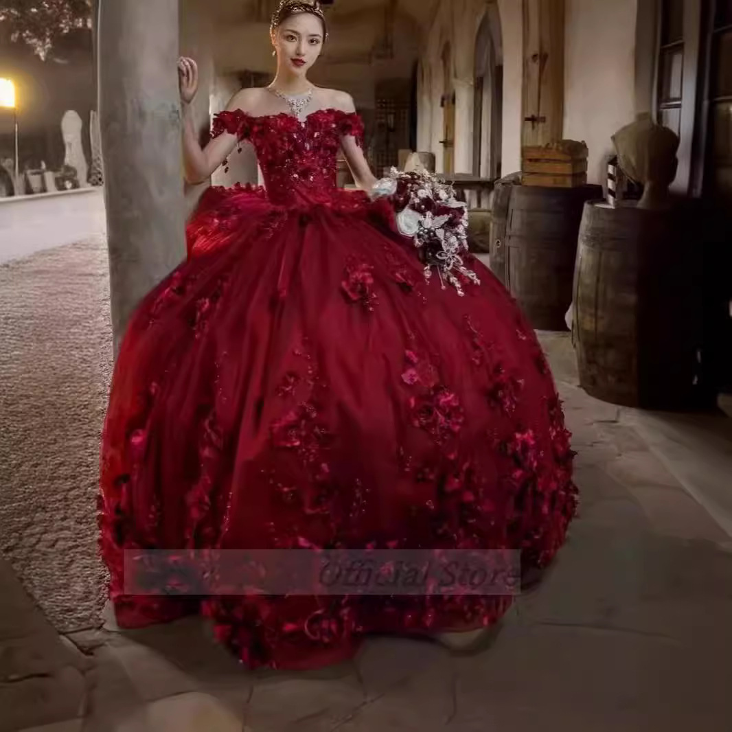 Cross-border E-commerce Evening Dress Shoulder Trailing Deep Wine Red Three-dimensional Bead Embroidered Wedding Dress Large Skirt Dancing Costume