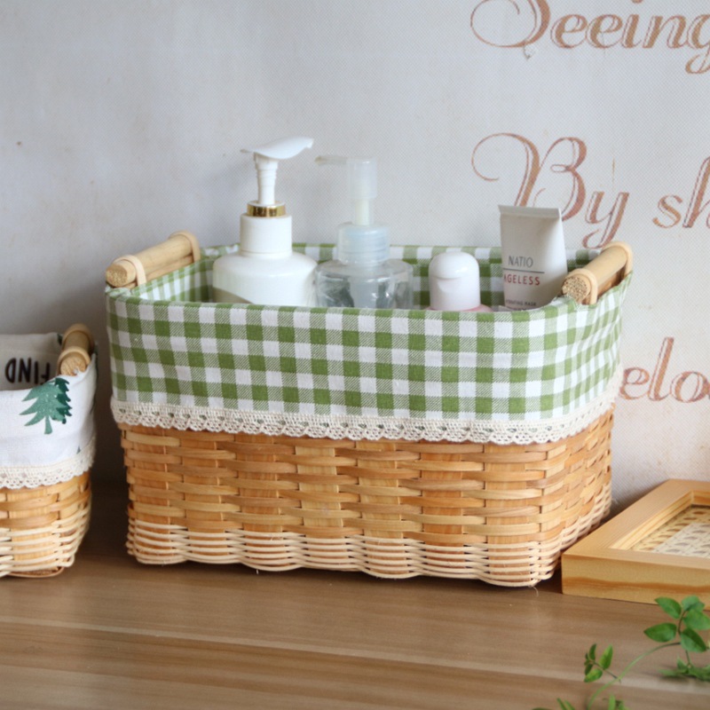 藤编木片编织收纳篮子小号桌面口罩收纳盒竹编收纳框客厅收纳筐