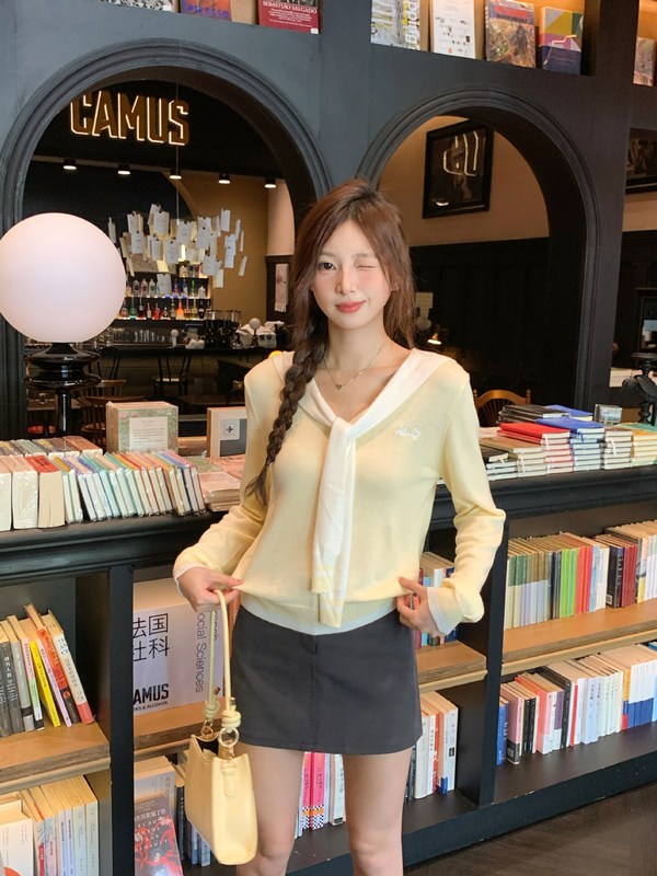 韩系黄色披肩假两件长袖针织衫女外搭上衣秋季氛围感穿搭|undefined