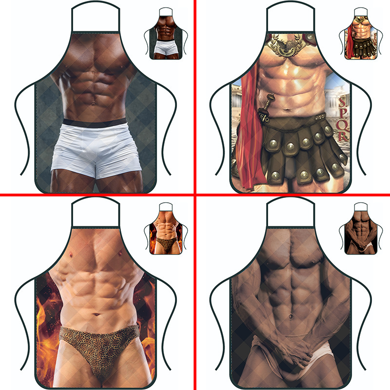 Cross-border Hot Funny Creative Personality Muscle Men's Apron Waterproof Anti-fouling Home High Color Value Overwear Apron Wholesale