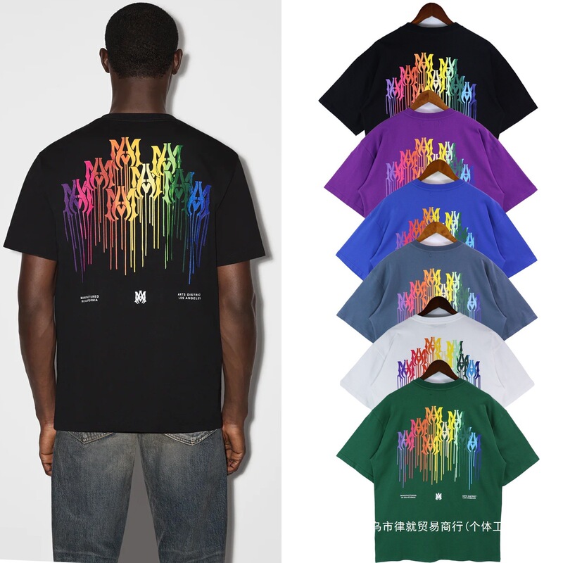 Wholesale New European and American Style Amiri Drip Print Round Neck Short-Sleeve Unisex Loose-Fitting T-Shirt Cross-Border Ins