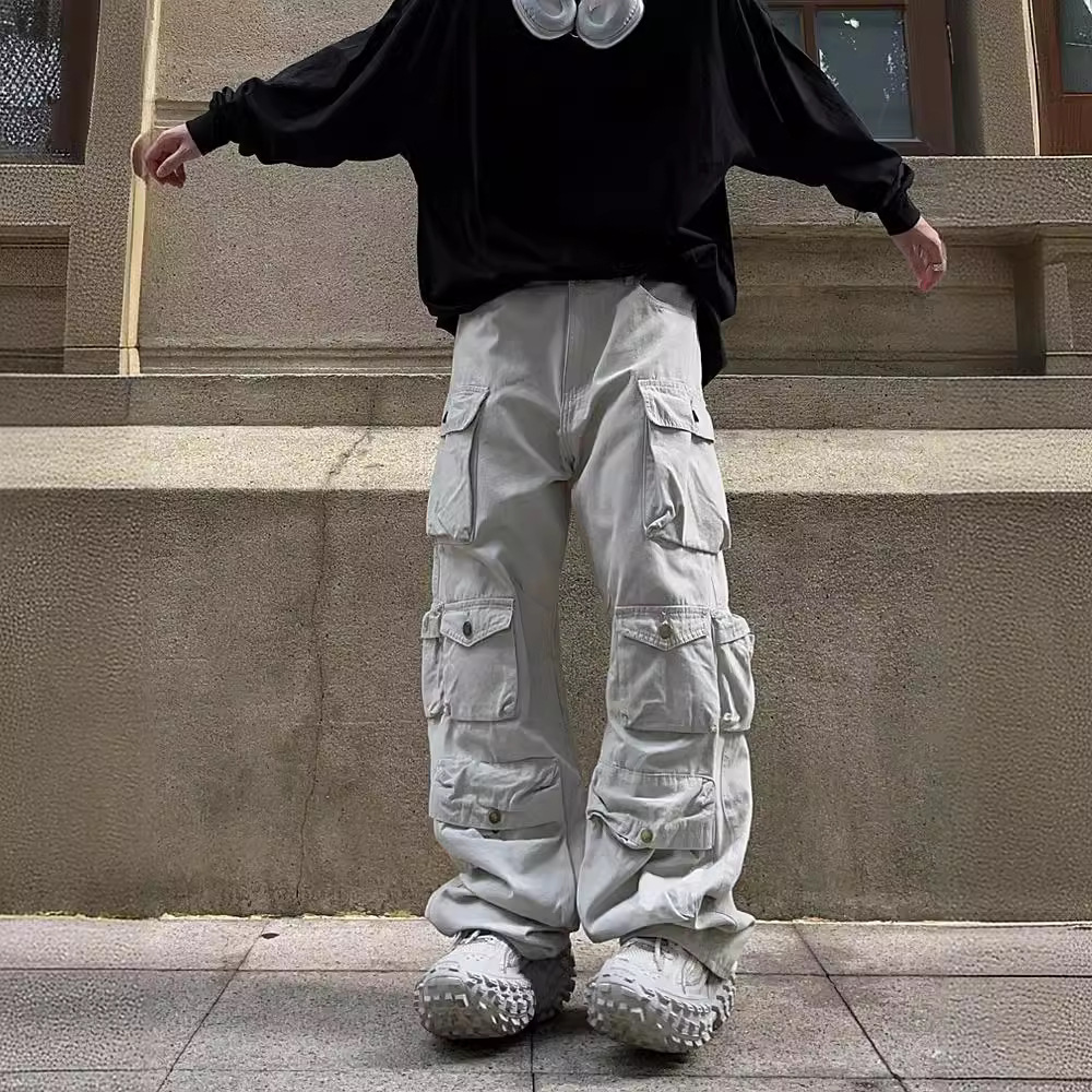 2023 estilo europeo y americano retro marca de moda casual pantalones sueltos rectos pierna ancha multi-Bolsillo overoles hombres