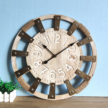 木质复古创意挂钟实木工业风手工麻绳时钟工艺品厂家批发钟表装修