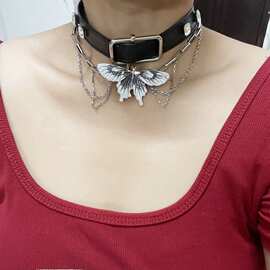 choker项链小众个性设计高级感黑色系皮革蝴蝶项圈颈链女精致