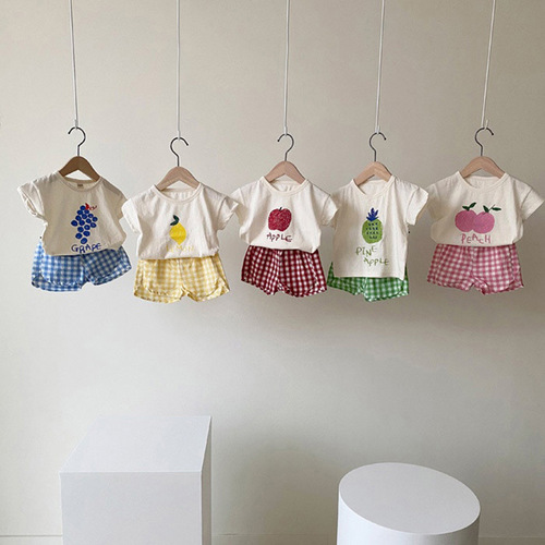 2024 Korean children's clothing summer boys and girls children's short-sleeved shorts suit fruit T-shirt plaid shorts suit