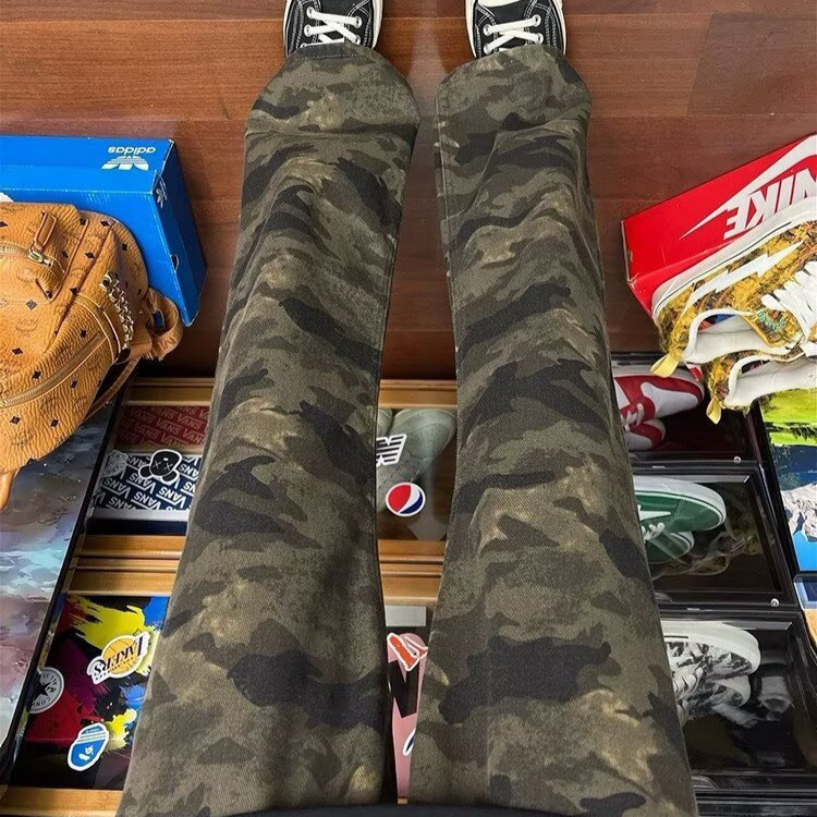 American High Street Camouflage Jeans Men's Spring & Fall Retro Vibe Casual Logging Wide-Leg Slim Straight Cargo Pants Trendy