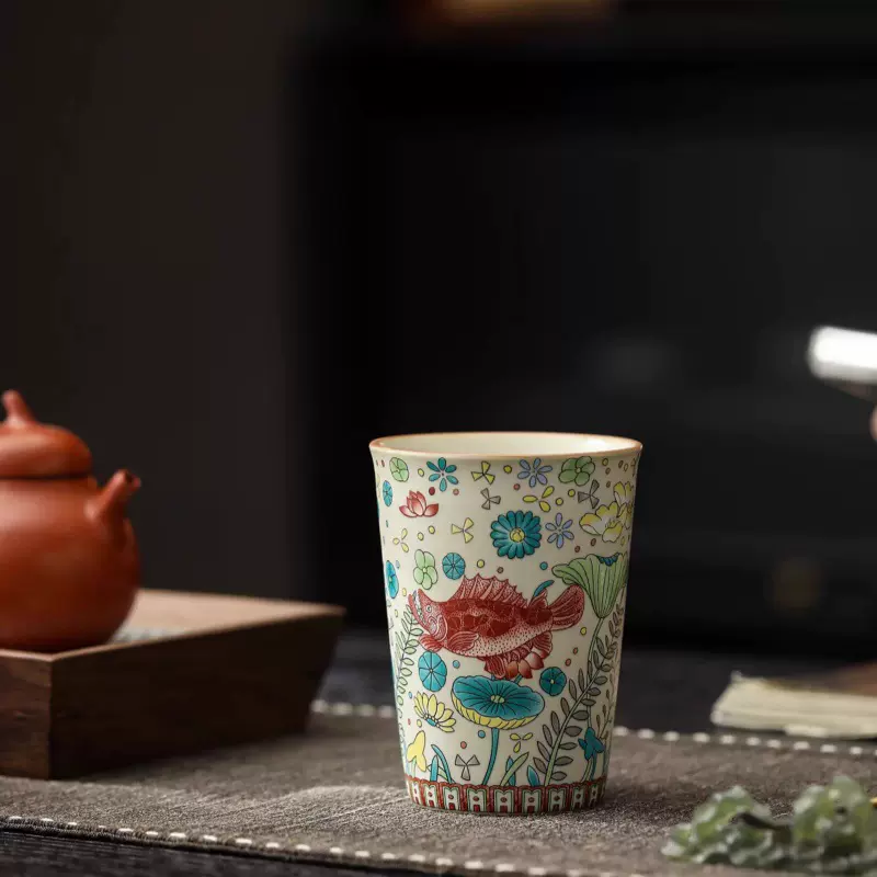 汝窑开片茶杯大容量主人杯可乐杯子复古鱼藻纹功夫茶具品茗杯礼品