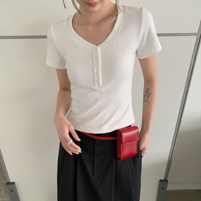 Umi Thirteen Lines Women's Clothing 2026 Summer New Short Sleeve T-Shirt for Women Korean Style Henley V-Neck Regular Shoulder T-Shirt Top for Women