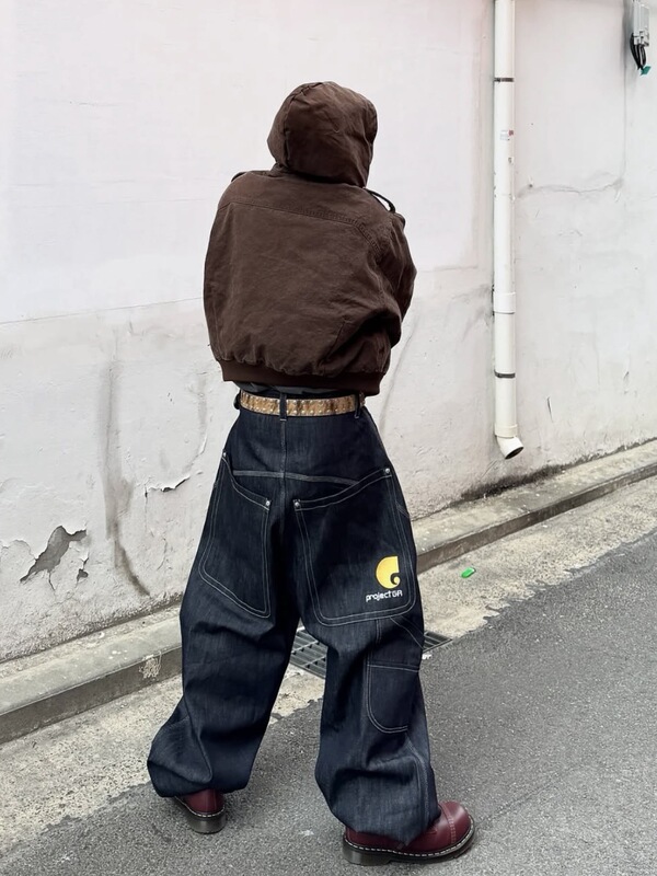 Jimo GrailzL オリジナル牛 OS シルエット ワークウェア マルチポケット 刺繍 ストレート デニム パンツ カジュアル ワイドレッグ パンツ メンズ|undefined