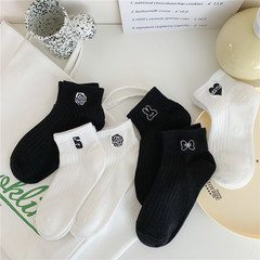 襪子女短襪夏季薄款小香風刺繡愛心黑白色ins潮山茶花日系棉純