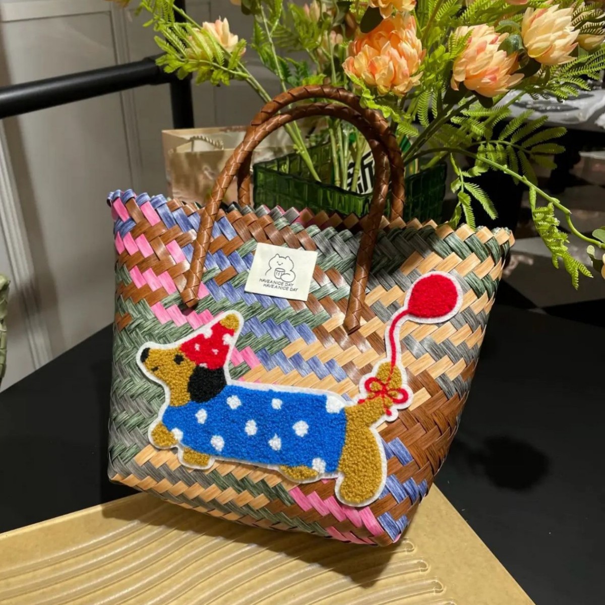 Handmade Rattan Shoulder Bag With Leather Trim And Seagrass_voghion.com