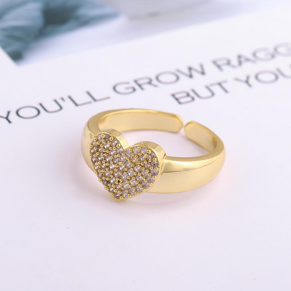 Fashion Heart Shape Copper Heart Star Inlaid Gold Gem Rings