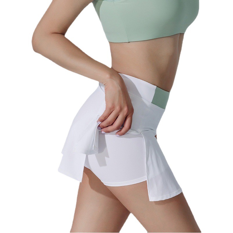 In-Stock Green Sports Tennis Skirt, European and American Style Solid Color Running Fitness Slit Tennis Skirt Pants, Quick-Drying Skirt Hem