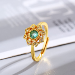 新款開口戒指女 歐美時尚氣質仿祖母綠鍍18K黃金色活口指環手飾品