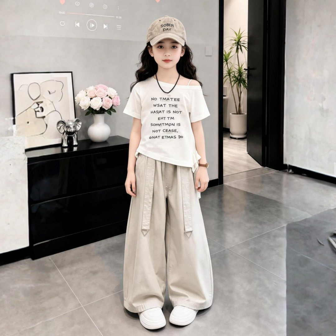 Girls' Summer Outfit Irregular T-Shirt and Long Pants Two-Piece Set 2026 New Korean Style Loose Sports Suit for Older Children Trendy