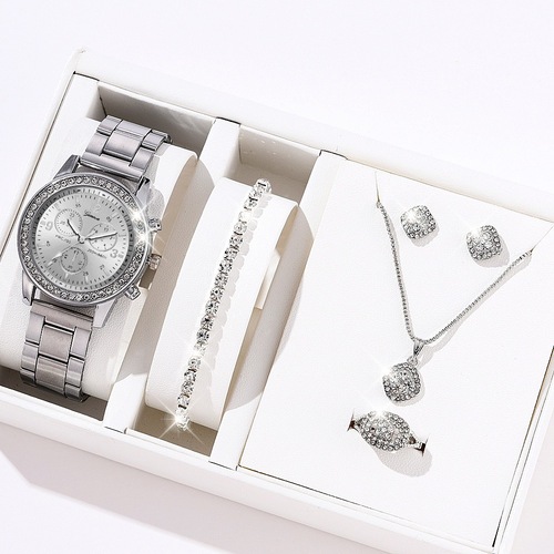 Foreign trade hot-selling luxury set, versatile, elegant, diamond-encrusted, large rhinestone women's five-piece gift box, quartz watch