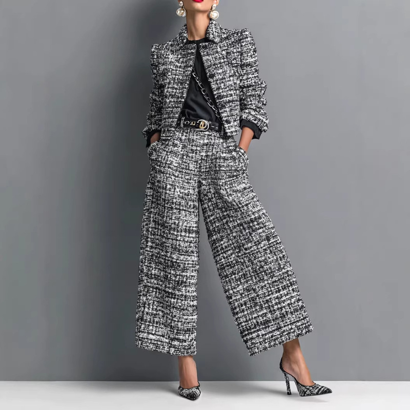 2025 New Cross-Border European and American Style Women's Slim-Fit Lapel Jacket with Long Sleeves and Short Jacket Paired with Wide-Leg Pants Set