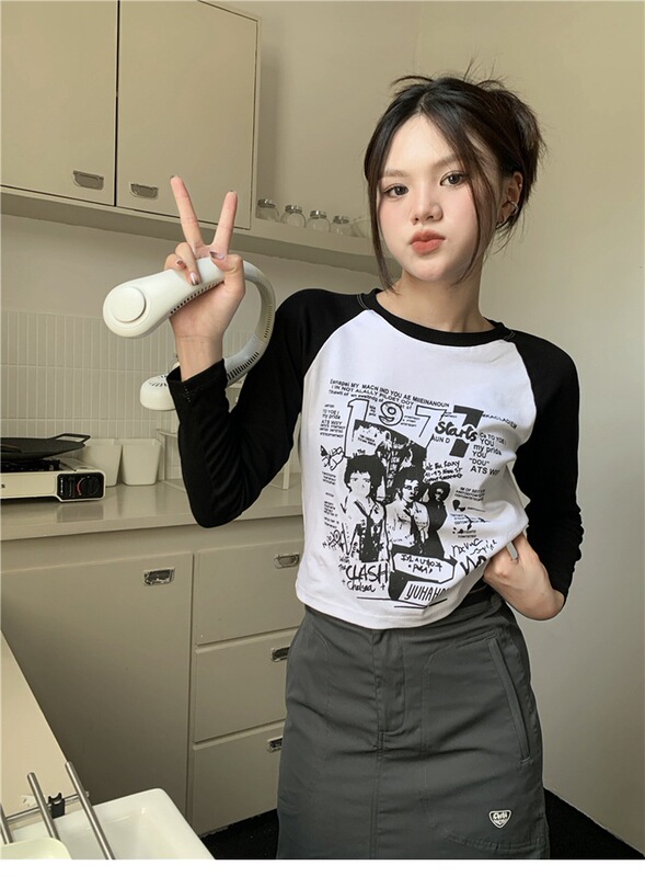 春秋季内搭辣妹撞色插肩袖短款上衣打底衫修身百搭长袖t恤女甜辣|undefined