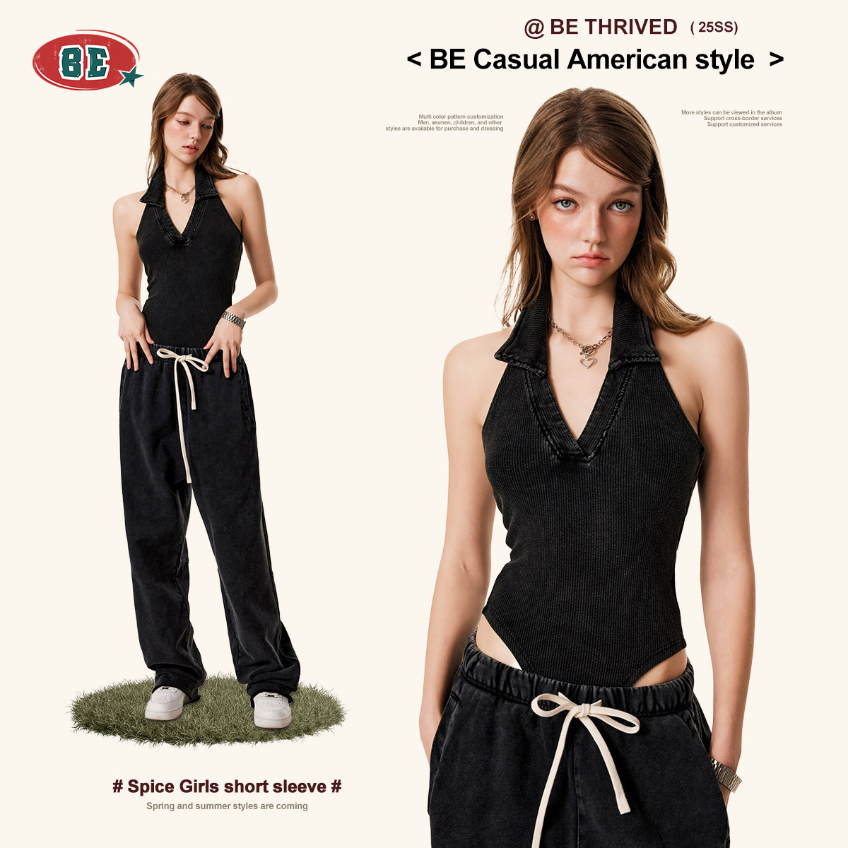 BE ropa de mujer | 2025 verano europeo y americano cuello colgante transfronterizo chica caliente top de hombro top sexy sin espalda con cuello en V mono mujer