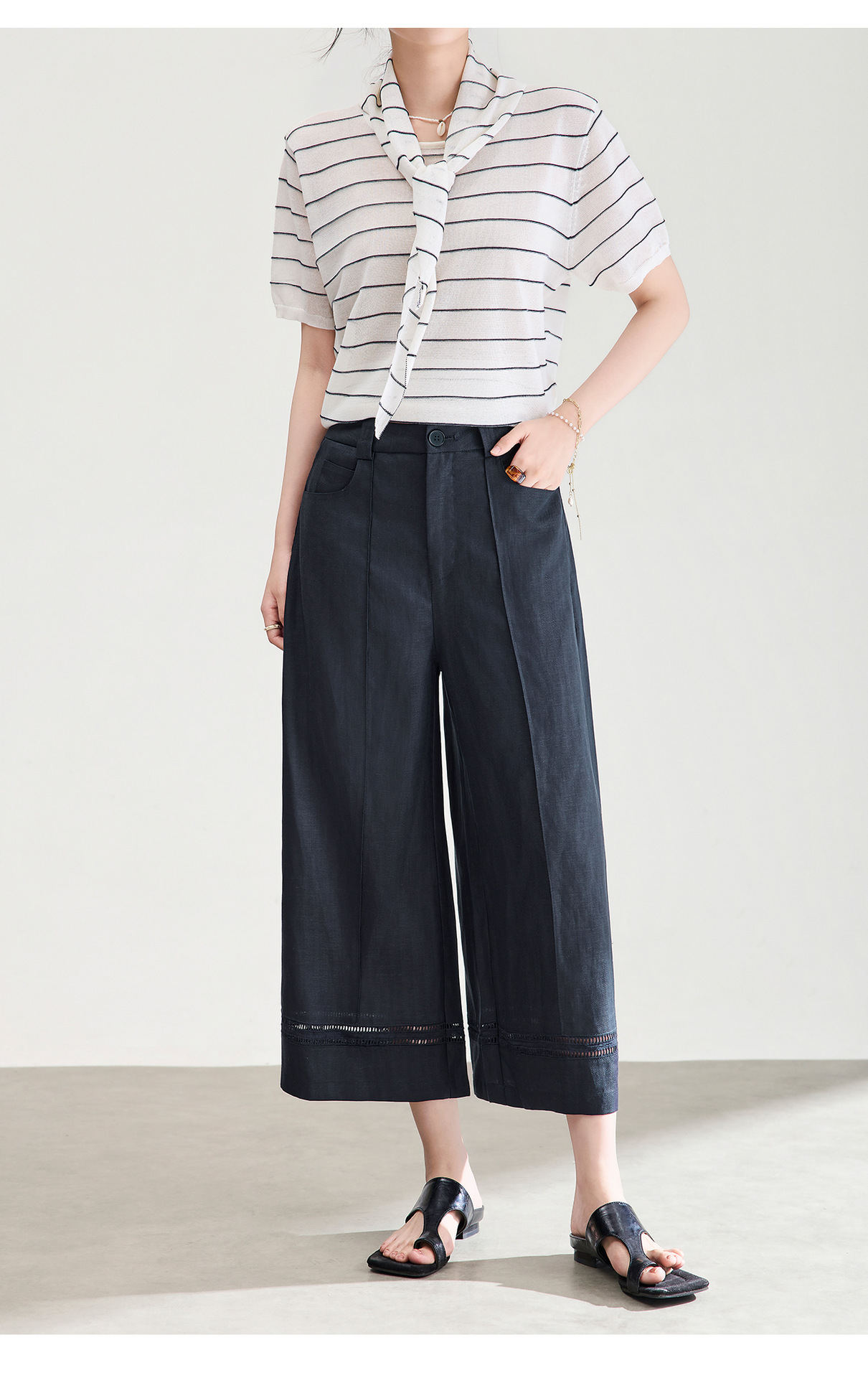 Quần culottes nữ ống rộng dáng dài 9 phần, chất liệu sợi gai dầu mỏng nhẹ mùa hè — màu xanh navy chi tiết 22