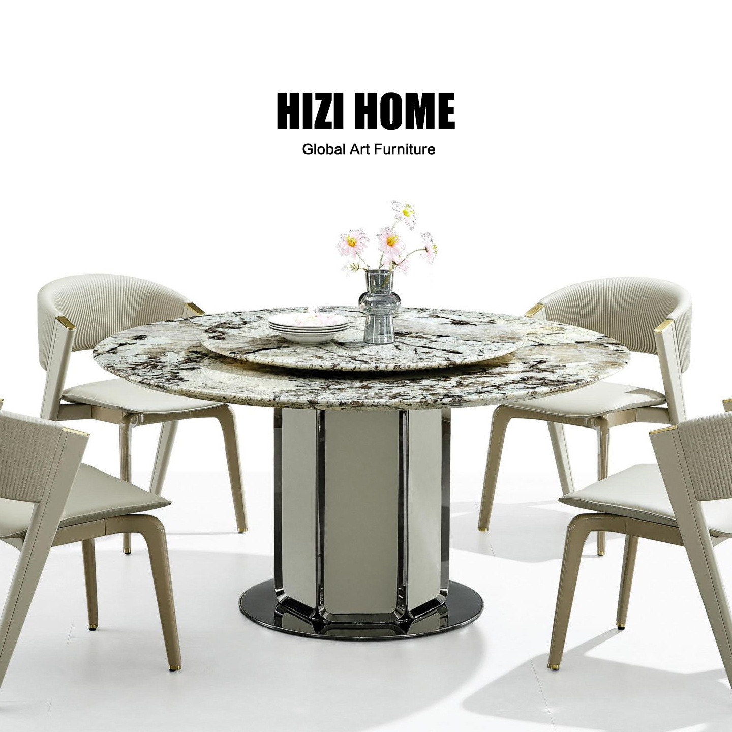 Italian Minimalist Pandora Natural Luxury Stone Round Double-Layer Rotating Dining Table 1.5m Large Flat Dining Table