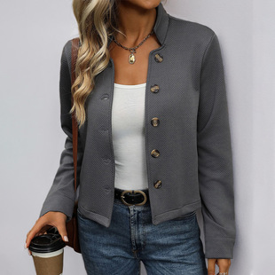 Temu Cross-Border New Product 2025 Autumn European and American Casual Women's Textured Pattern Stand Collar Solid Color Long-Sleeve Jacket for Women
