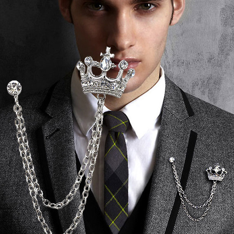 British style suit chain pin badge high-end men's crown brooch European and American personality retro female corsage hd