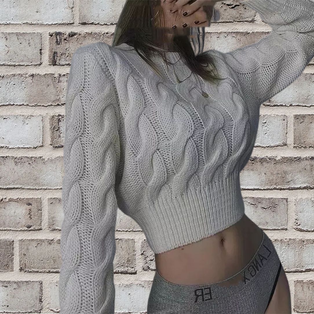 Maglione a vita alta 2024 da donna autunno e inverno nuovo piccolo girocollo pullover stile straniero Fried Dough Twists corto_voghion.com