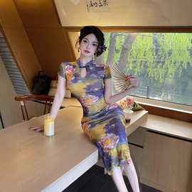 4165跨境印花纽扣包臀旗袍裙台球助教连衣裙技师制服
